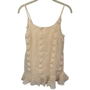 Floral Applique Cami Top, Ruffle Hem, Sleeveless Tank Top, Summer, Beige